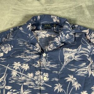 Polo Ralph Lauren Shirt Mens Medium Blue Tropical Linen Blend Loop Collar Camp